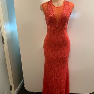 Women junior orange pink lace sequins halter maxi dress size (M) sleeveless